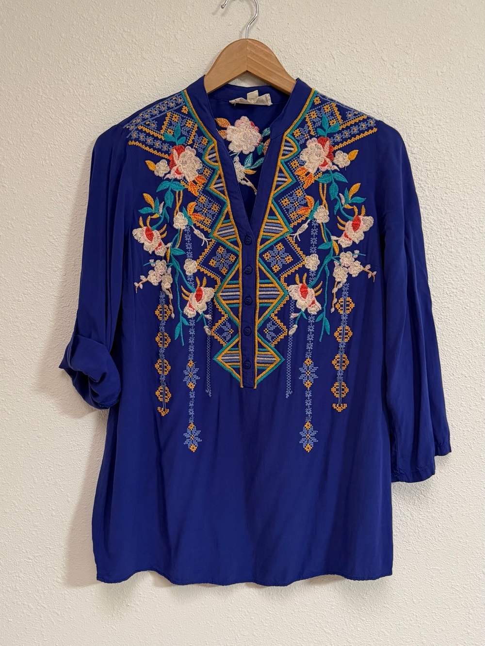 Bohemian Floral Embroidered Tunic Top Size Small